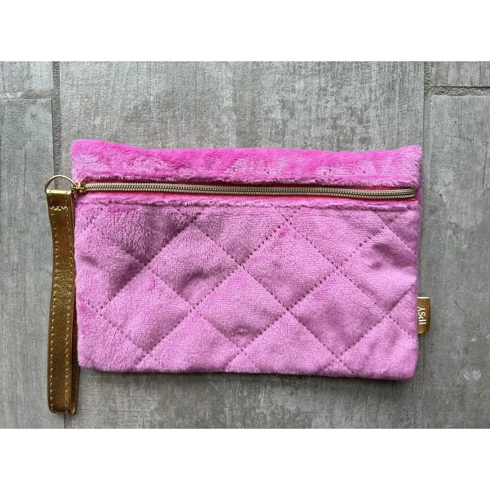 Bright pink Gold Velvet Makeup Bag Travel Pouch Clutch Wallet Organizer Case NEW